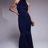 True Violet Halter Neck Fishtail Maxi Gown in Navy