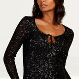 Little Mistress Black Sequin Scoop Neck Midi Dress