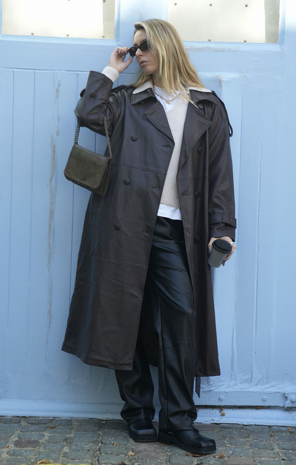 Topshop Faux Leather Trench Coat In Dark Chocolate