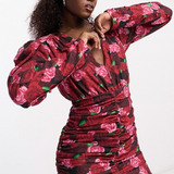 Urban Revivo Ruched Puff Sleeve Mini Dress In Rose Print Multi