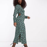 Vero Moda Floral Printed Midi Dress In Green And Black