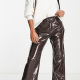 Vero Moda Petite Vinyl High Rise Straight Leg Trousers In Brown