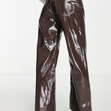 Vero Moda Petite Vinyl High Rise Straight Leg Trousers In Brown