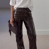 Vero Moda Vinyl High Rise Straight Leg Trousers In Brown