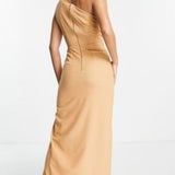 Vesper One Shoulder Slash Neck Maxi Dress In Tan