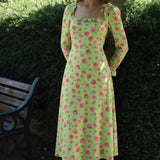 Vila Square Neck Midi Dress With Lace Up Back In Green Floral Print