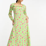 Vila Square Neck Midi Dress With Lace Up Back In Green Floral Print