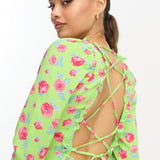 Vila Square Neck Midi Dress With Lace Up Back In Green Floral Print
