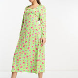 Vila Square Neck Midi Dress With Lace Up Back In Green Floral Print