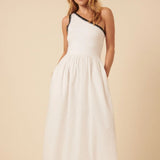 Nobody's Child White One Shoulder Crochet Trim Sabrina Midi Dress