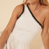 Nobody's Child White One Shoulder Crochet Trim Sabrina Midi Dress
