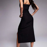 Vesper Bengaline Square Neck Cut Out Midaxi Dress in Black