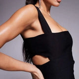 Vesper Bengaline Square Neck Cut Out Midaxi Dress in Black