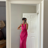 Y.A.S Satin Multiway Halterneck Maxi Dress In Vibrant Pink