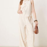 YAS Shimmer Crinkle Wide Leg Trouser in Sandshell