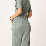 YAS Plisse Wrap Midi Dress in Soft Green
