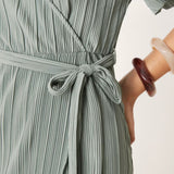 YAS Plisse Wrap Midi Dress in Soft Green