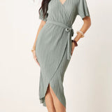 YAS Plisse Wrap Midi Dress in Soft Green