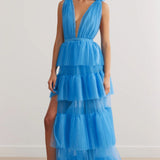 Lexi Zendaya Blue Tulle Plunge Maxi Dress