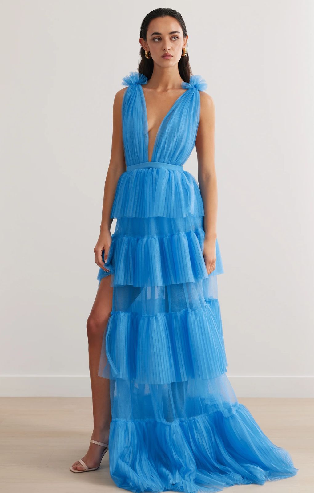 Lexi Zendaya Blue Tulle Plunge Maxi Dress