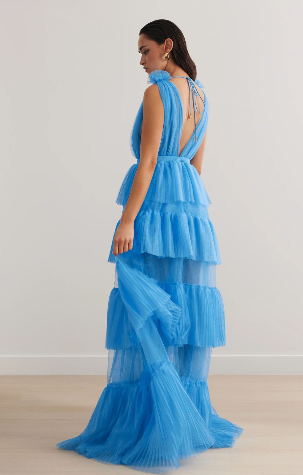 Lexi Zendaya Blue Tulle Plunge Maxi Dress