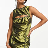 Annorlunda Cut Out Utility Mini Dress With Draw Cord And Buckle In Khaki Metallic