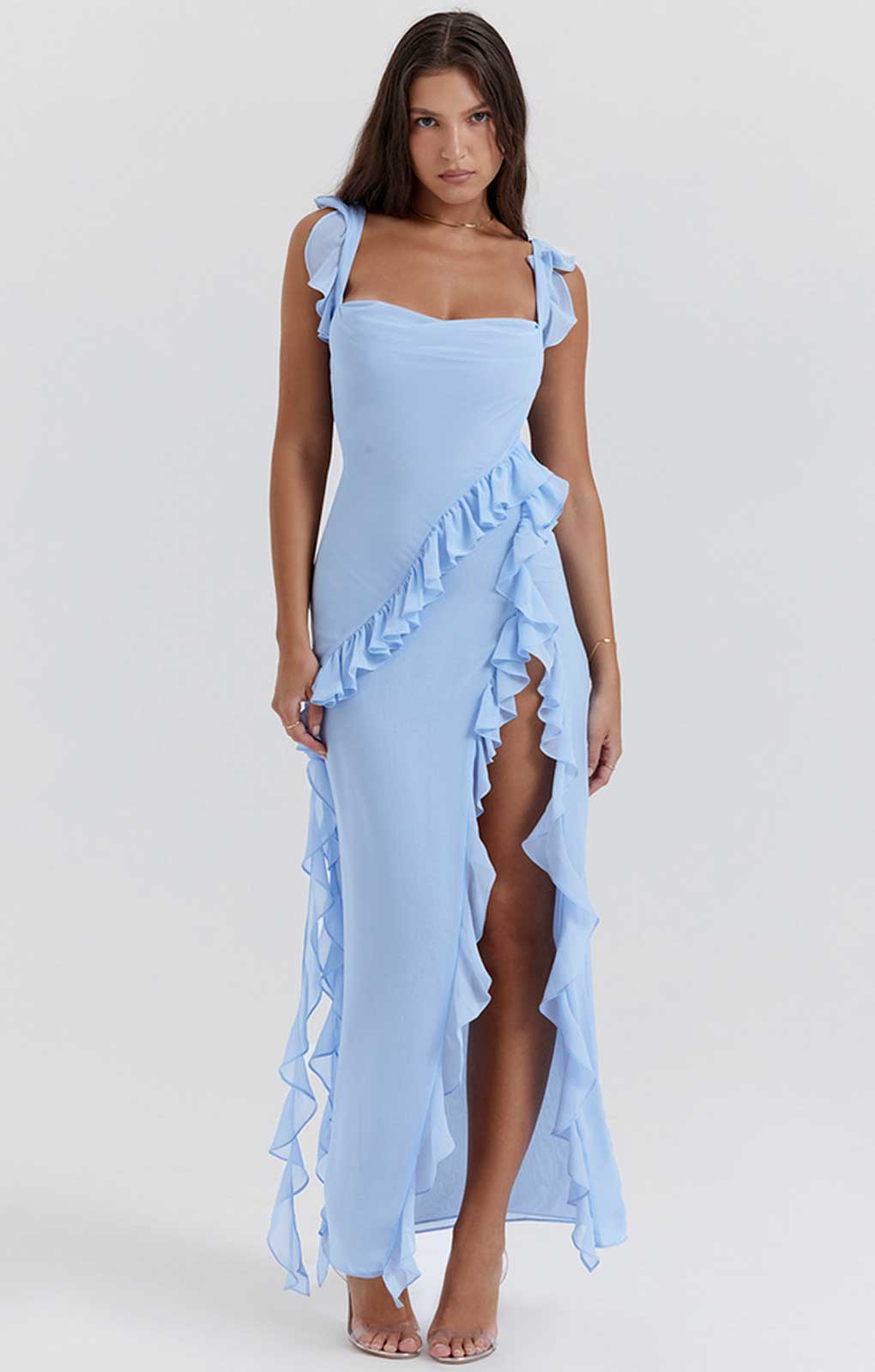 House of CB Soft Blue Ariela Ruffle Maxi Dress