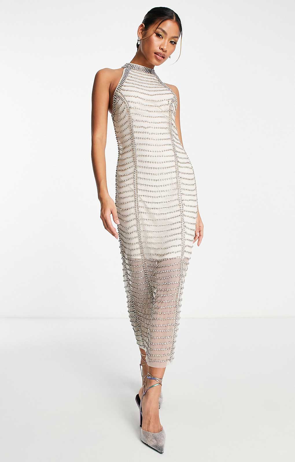 EX-HIRE HSPRSACS23144-7 Asos Design Diamante Embellished Mesh Midi Dress In Silver