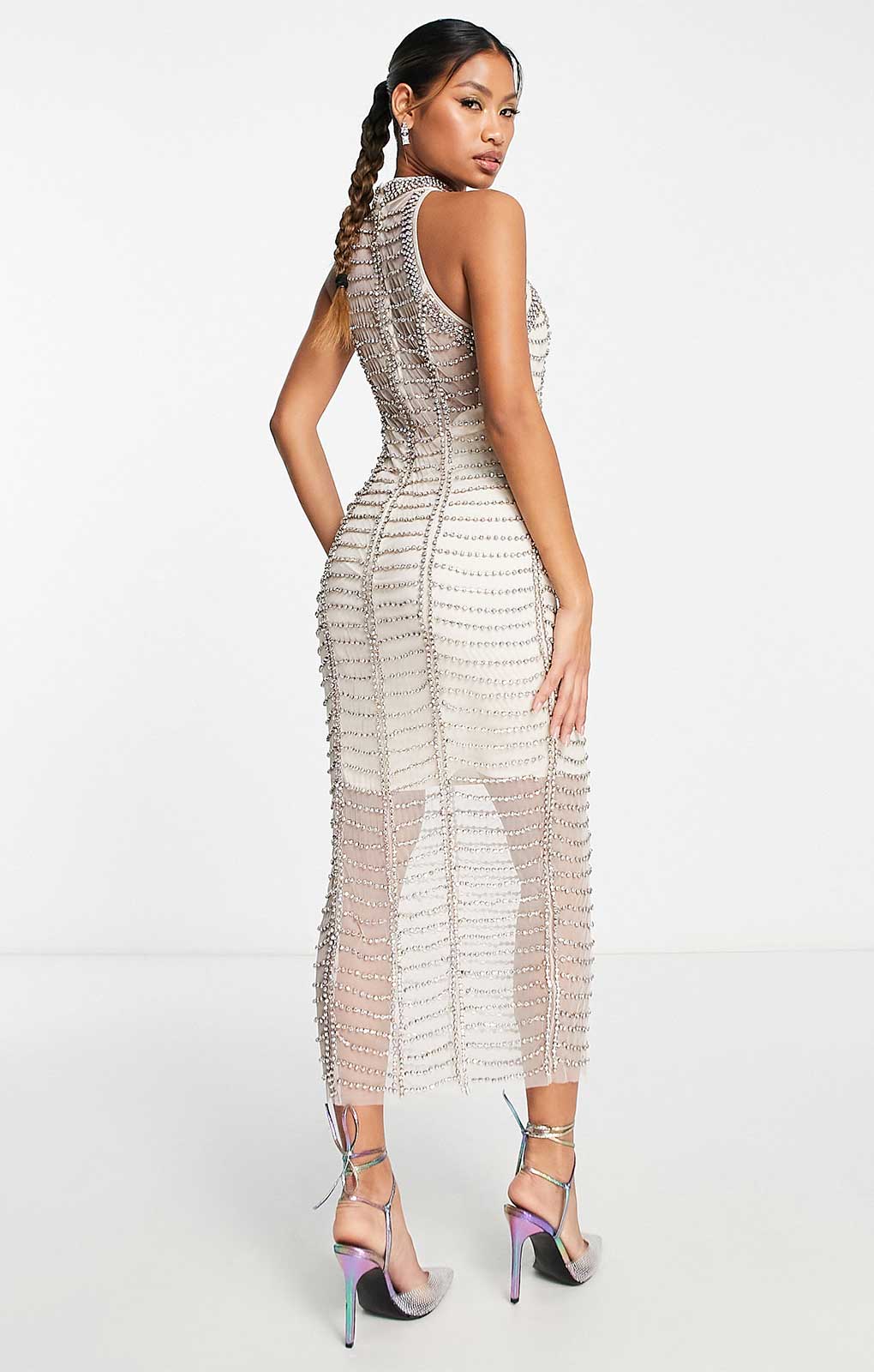 Asos Design All Over Diamante Embellished Mesh Midi Dress In Silver product image