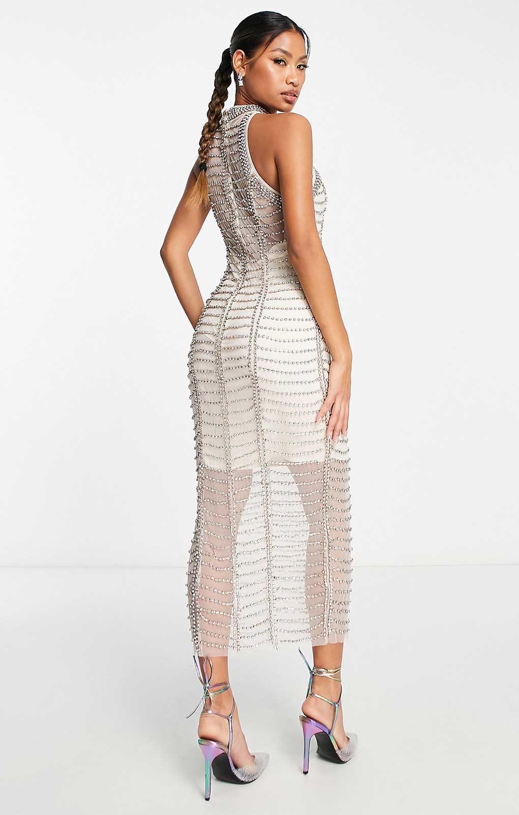 EX-HIRE Asos Design All Over Diamante Embellished Mesh Midi Dress In Silver