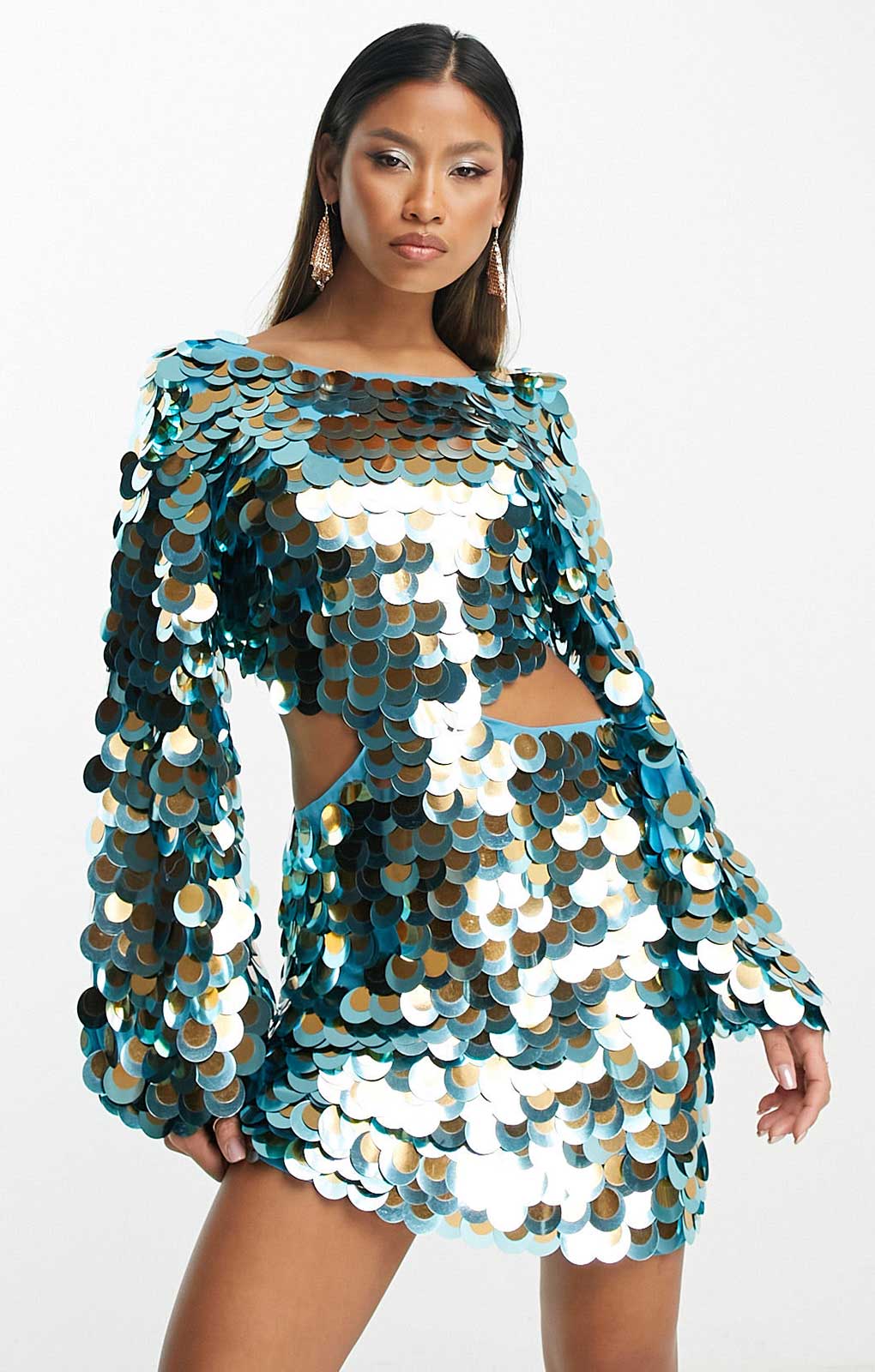 Asos Design All Over Disc Sequin Mini Dress With Multi Layered Detail In Blue product image
