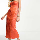 Asos Design Bandeau Mesh Ruched Midi Dress With Satin Insert In Orange