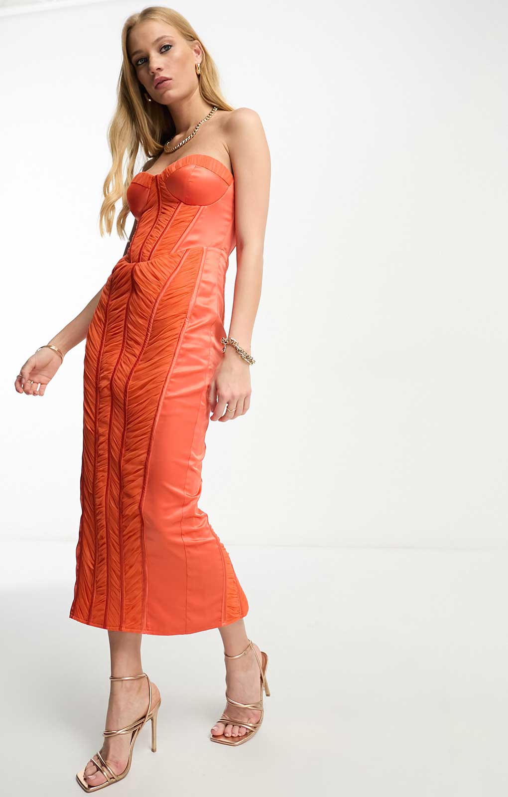 Asos Design Bandeau Mesh Ruched Midi Dress With Satin Insert In Orange