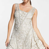 Asos Design Beaded Mini Dress With Layered Skirt And Linear Embellishment Detail In Blush product image