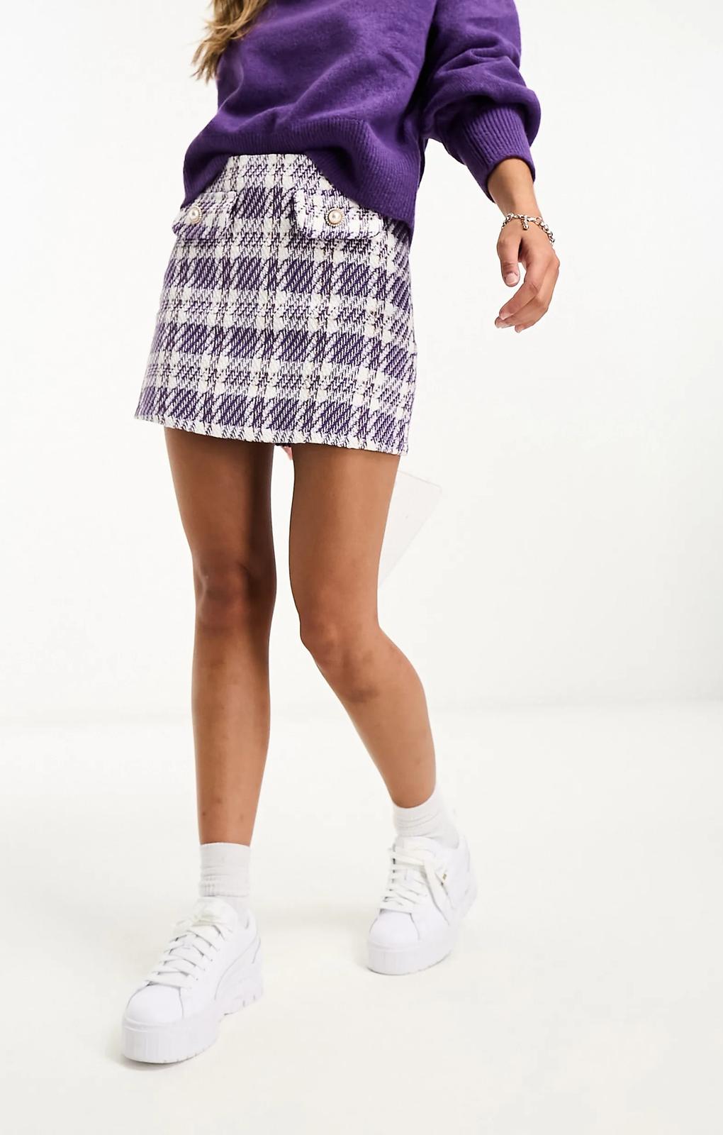 Asos Design Boucle Mini Skirt With Button Detail In Lilac Check – skirts by ASOS DESIGN, available to rent from Hirestreet
