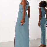 Asos Design Crepe One Shoulder Column Maxi Dress With Split In Dusky Blue – dresses by ASOS DESIGN, available to rent from Hirestreet