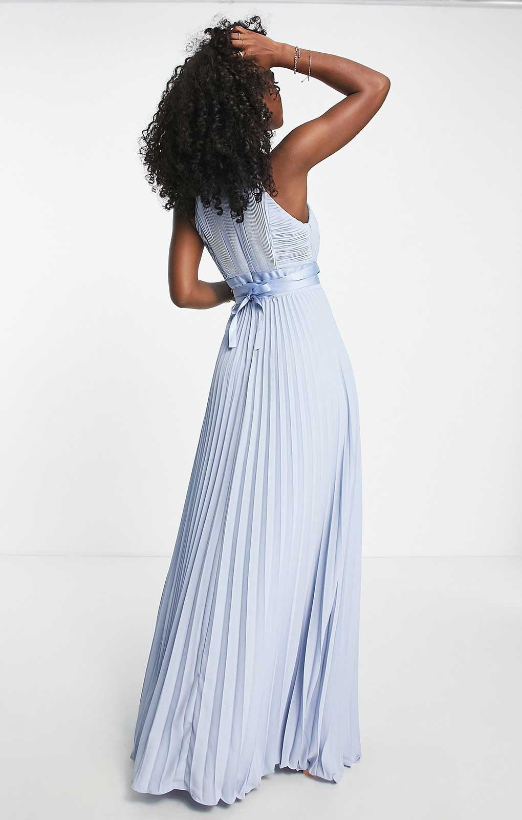 Asos Design Pleated Pinny Maxi Dress With Satin Wrap Waist In Blue Asos Design Pleated Pinny Maxi Dress With Satin Wrap Waist In Blue