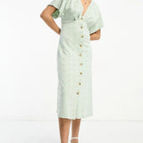 Asos Design Broderie V Neck Midi Dress With Buttons In Sage And Cream Contrast