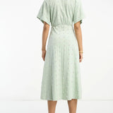 Asos Design Broderie V Neck Midi Dress With Buttons In Sage And Cream Contrast