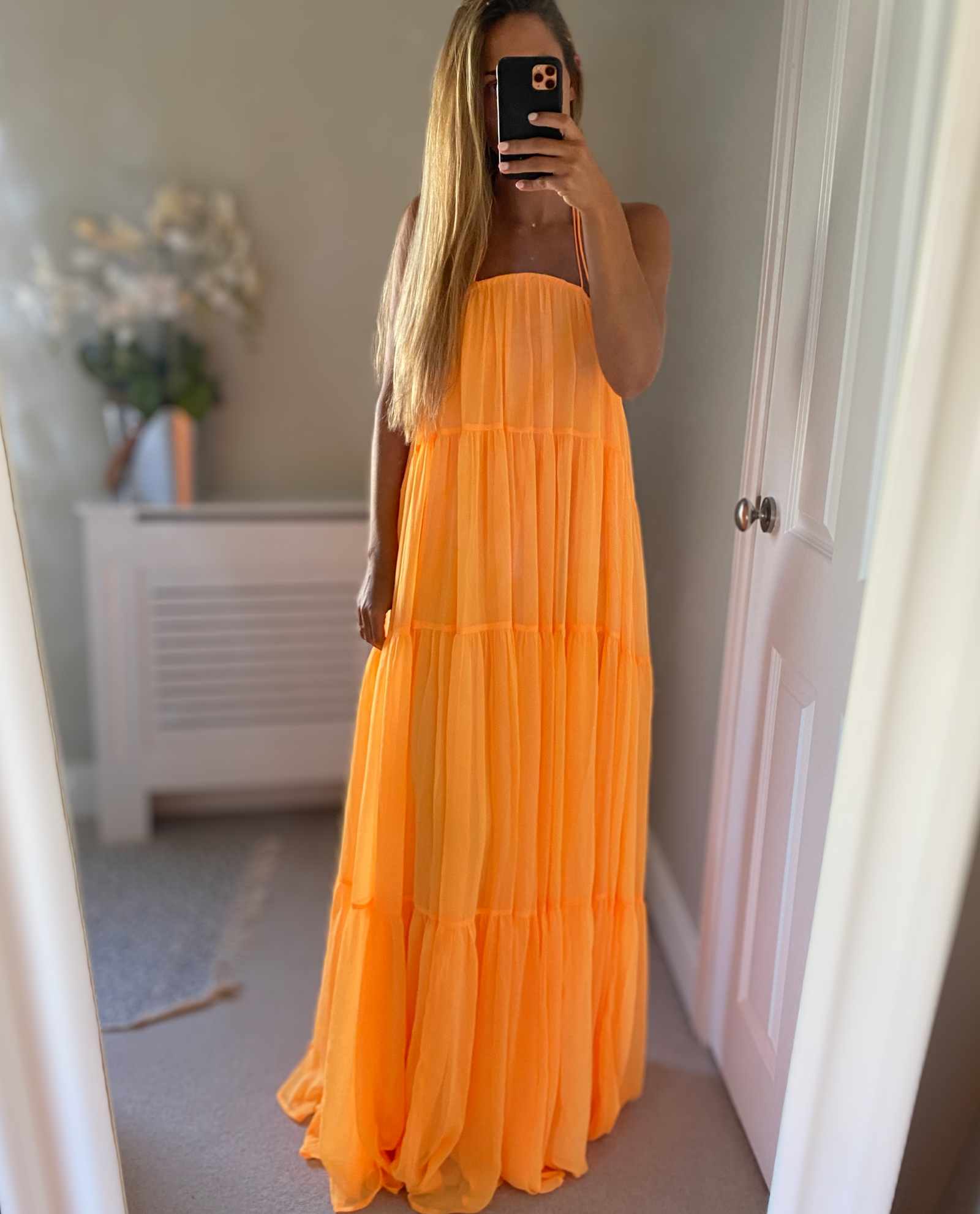 Asos Design Channel Detail Halter Neck Trapeze Tiered Maxi Dress In Bright Orange