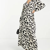 Asos Design Collared Wrap Midi Dress In Mono Abstract Print