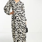Asos Design Collared Wrap Midi Dress In Mono Abstract Print