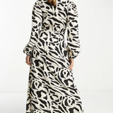 Asos Design Collared Wrap Midi Dress In Mono Abstract Print