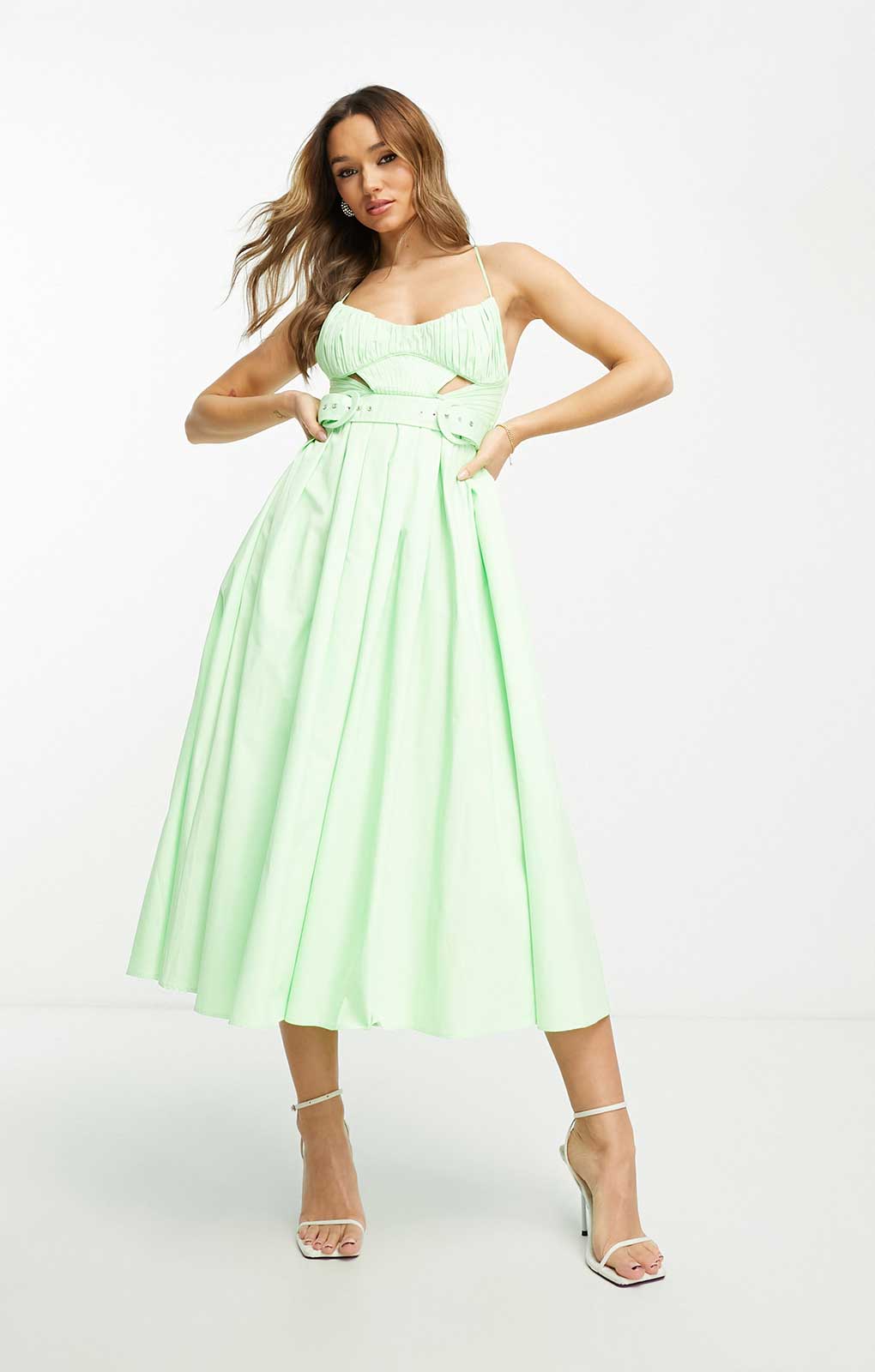 Asos Design Cotton Cut Out Pleat Detail Midi Dress With Belt In Lime Green