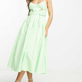 Asos Design Cotton Cut Out Pleat Detail Midi Dress With Belt In Lime Green