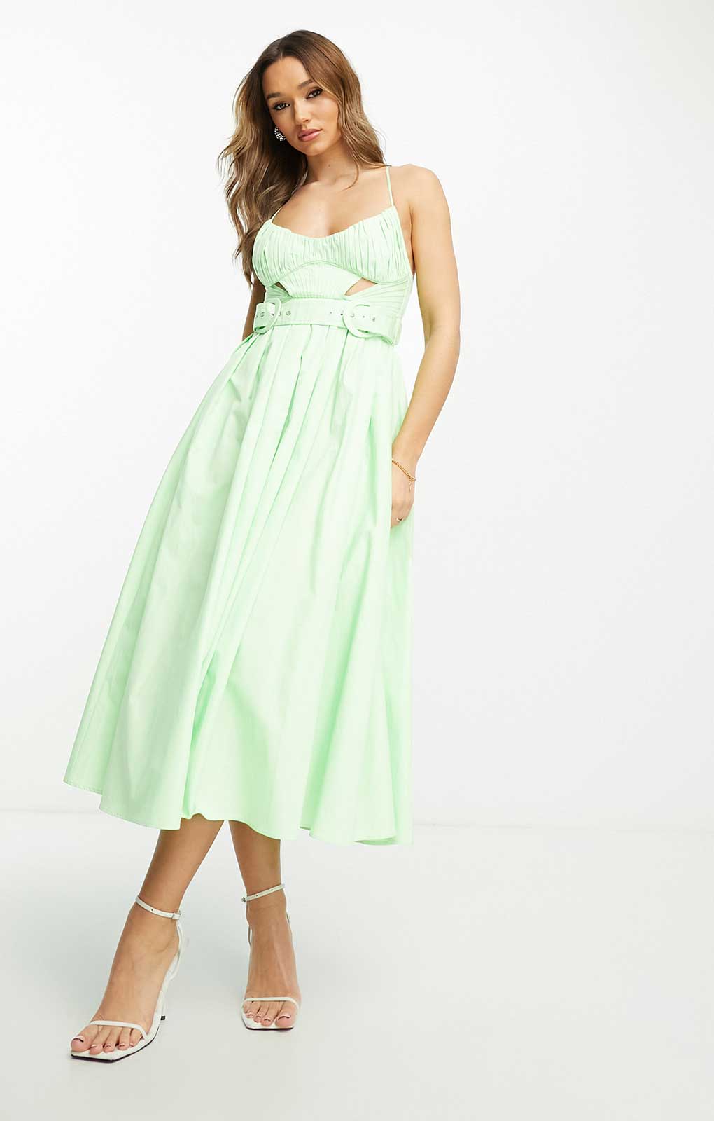 Asos Design Cotton Cut Out Pleat Detail Midi Dress With Belt In Lime Green