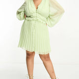 Asos Design Curve Button Through Ruched Waist Pleated Mini Dress In Metallic Dobby In Apple Green