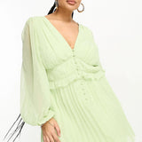 Asos Design Curve Button Through Ruched Waist Pleated Mini Dress In Metallic Dobby In Apple Green