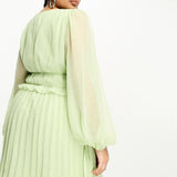 Asos Design Curve Button Through Ruched Waist Pleated Mini Dress In Metallic Dobby In Apple Green
