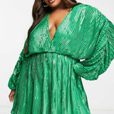 Asos Design Curve Embellishment Mini Dress With Blouson Sleeve In Green